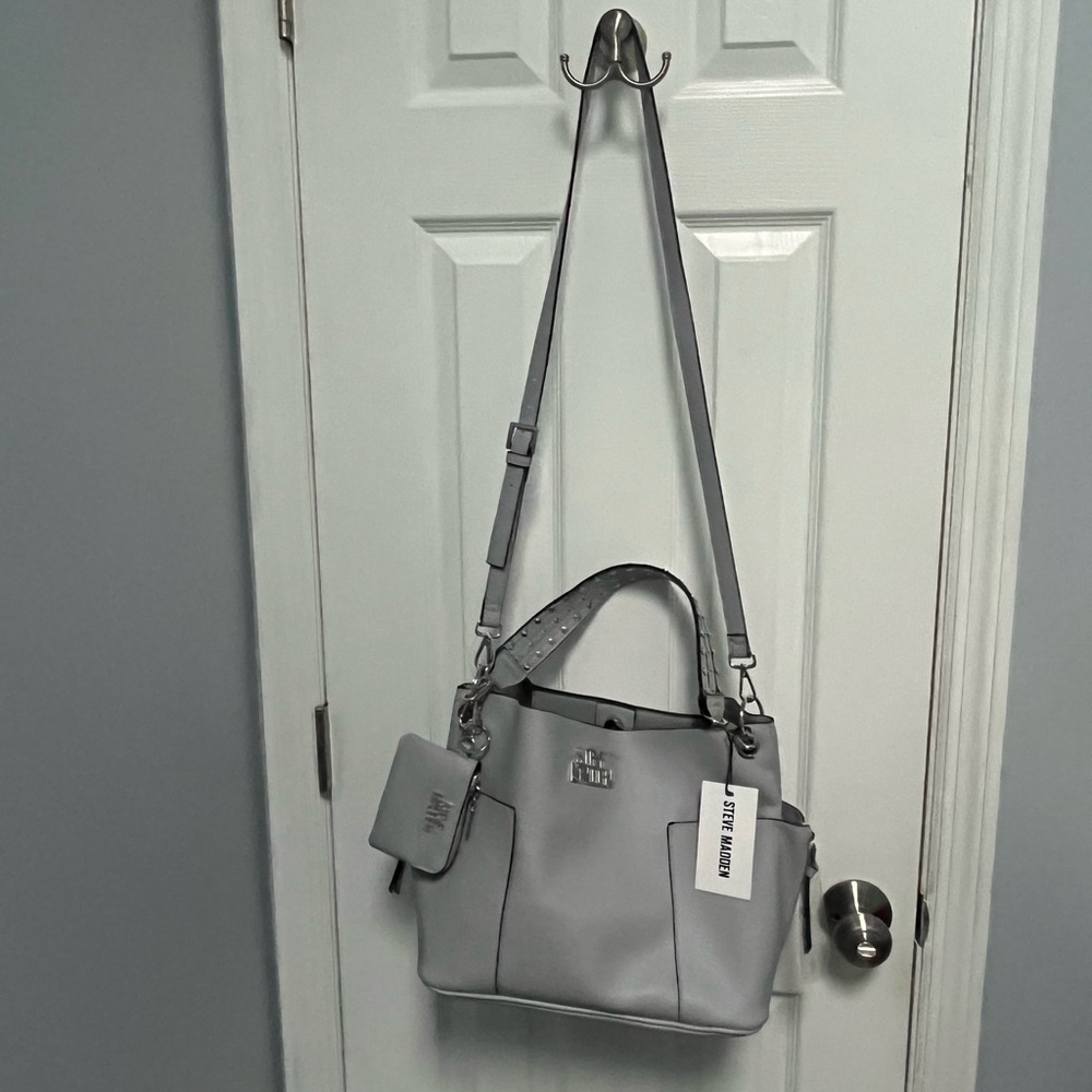 Steve Madden Bkoltt Convertible Hobo Bag With Coin Pouch Grey Silver Studs New